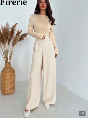 SHEIN High-Waisted Pleated Wide-Leg Long Pants Cream